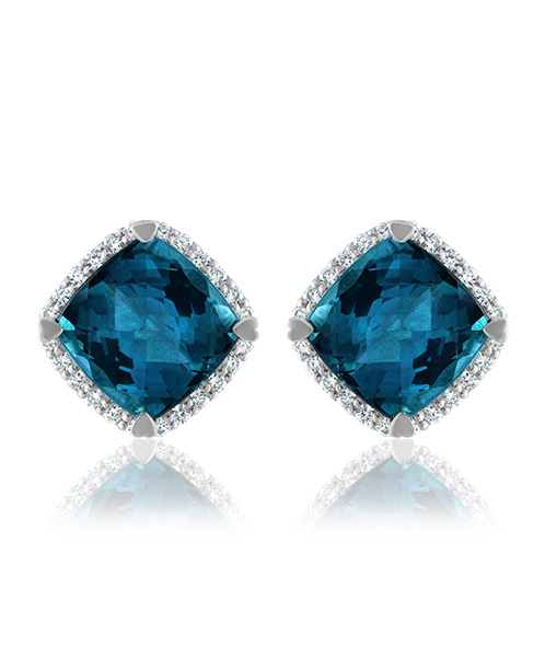 Lisa Nik: London Blue Topaz Cushion Shaped Stud Earrings with Diamonds